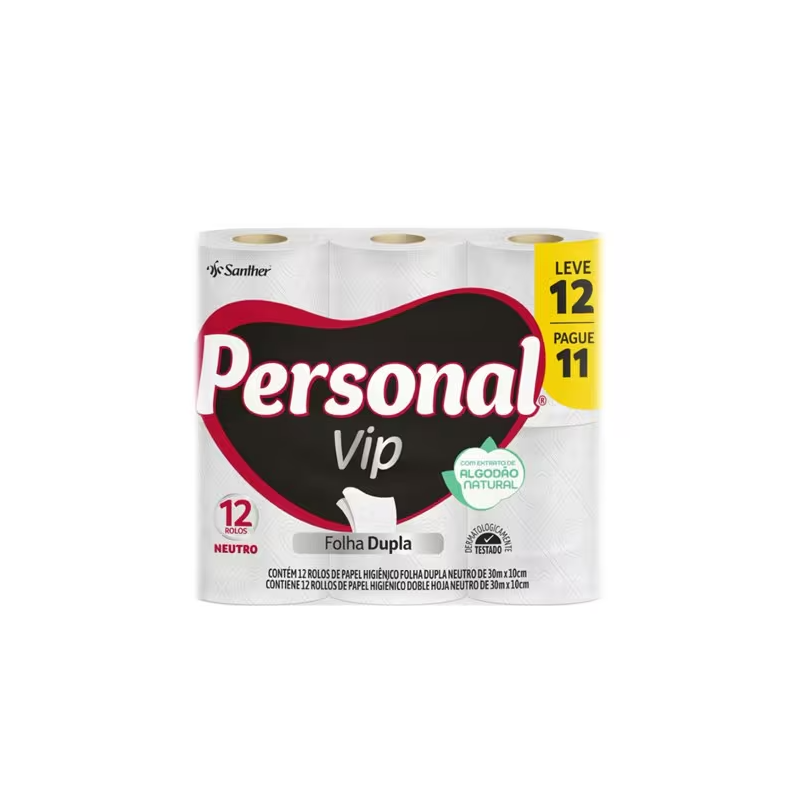 Papel Higiênico Folha Dupla Neutro Vip 30m Personal Leve 12 Pague 11 Rolos