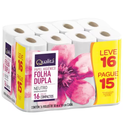 Papel Higiênico Folha Dupla Neutro 30m Qualitá Pacote Leve 16 Pague 15 Unidades