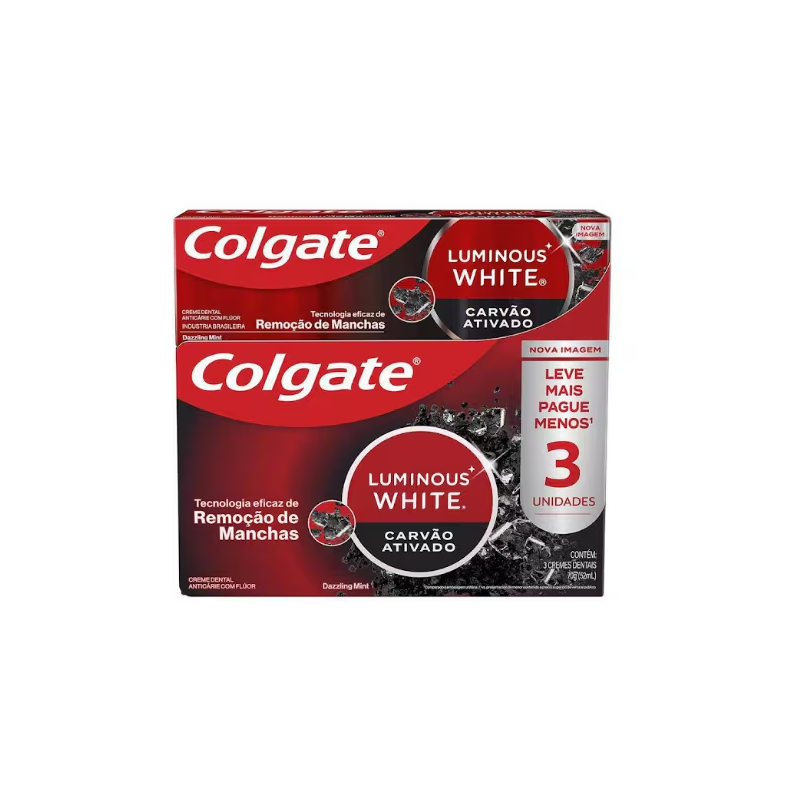Creme Dental Luminous White Carvão Ativado Colgate 70g com 3un